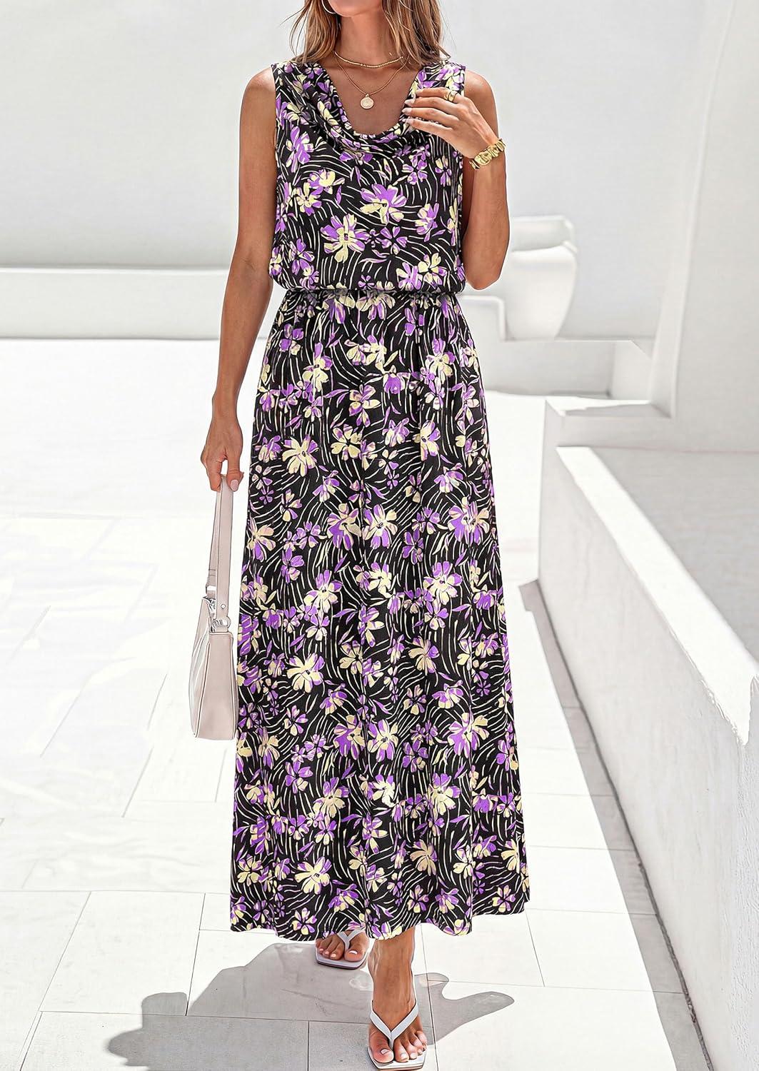 imagePRETTYGARDEN Womens Summer Floral Maxi Dresses 2026 Spring Sleeveless Cowl Neck Flowy Beach Vacation Wedding Guest Long DressFlower Black Purple