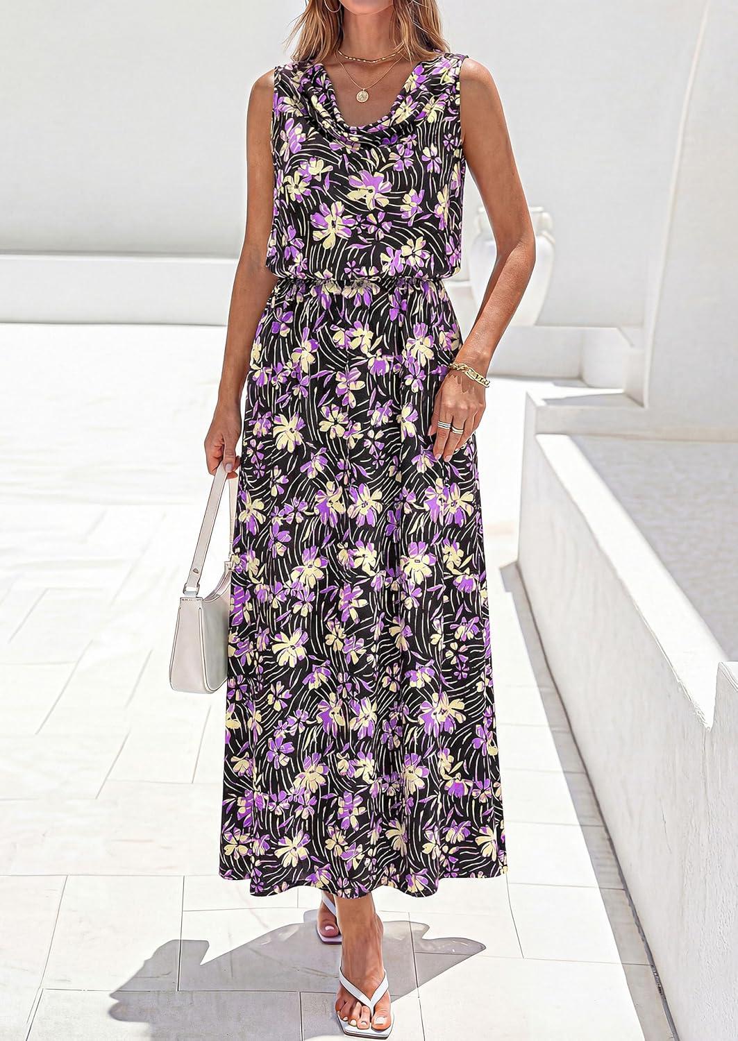imagePRETTYGARDEN Womens Summer Floral Maxi Dresses 2026 Spring Sleeveless Cowl Neck Flowy Beach Vacation Wedding Guest Long DressFlower Black Purple
