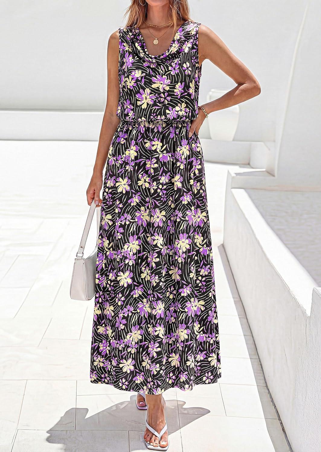 imagePRETTYGARDEN Womens Summer Floral Maxi Dresses 2026 Spring Sleeveless Cowl Neck Flowy Beach Vacation Wedding Guest Long DressFlower Black Purple