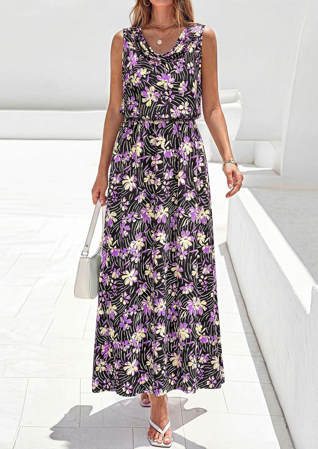 imagePRETTYGARDEN Womens Summer Floral Maxi Dresses 2026 Spring Sleeveless Cowl Neck Flowy Beach Vacation Wedding Guest Long DressFlower Black Purple
