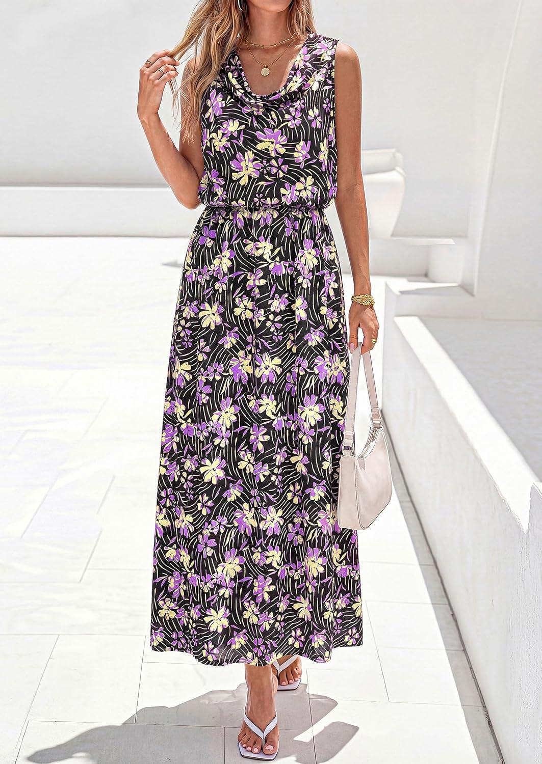 imagePRETTYGARDEN Womens Summer Floral Maxi Dresses 2026 Spring Sleeveless Cowl Neck Flowy Beach Vacation Wedding Guest Long DressFlower Black Purple