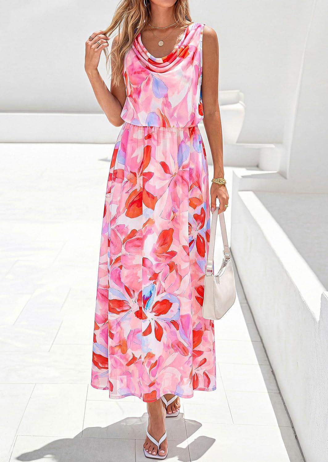 imagePRETTYGARDEN Womens Summer Floral Maxi Dresses 2026 Spring Sleeveless Cowl Neck Flowy Beach Vacation Wedding Guest Long DressPink Floral