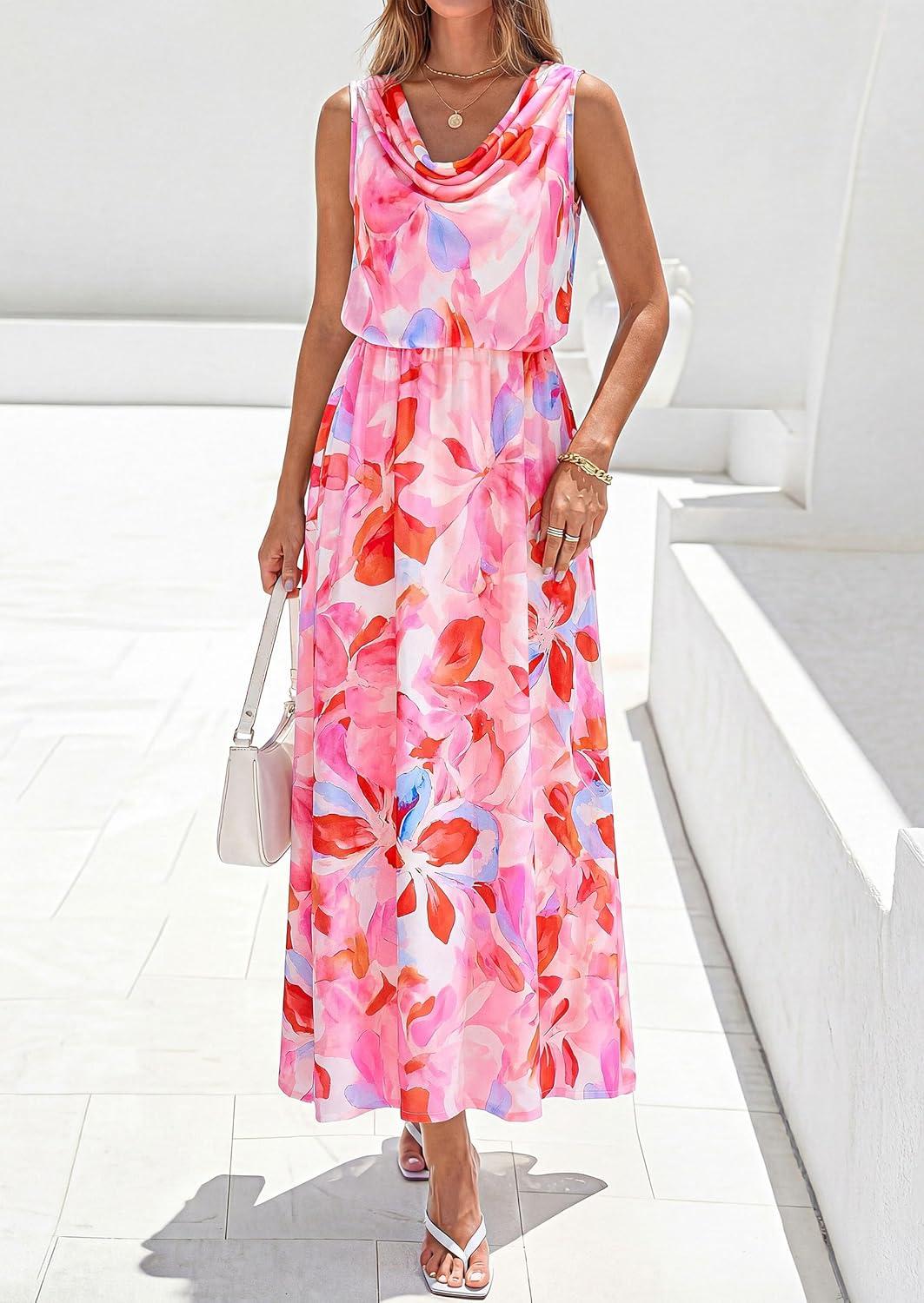 imagePRETTYGARDEN Womens Summer Floral Maxi Dresses 2026 Spring Sleeveless Cowl Neck Flowy Beach Vacation Wedding Guest Long DressPink Floral