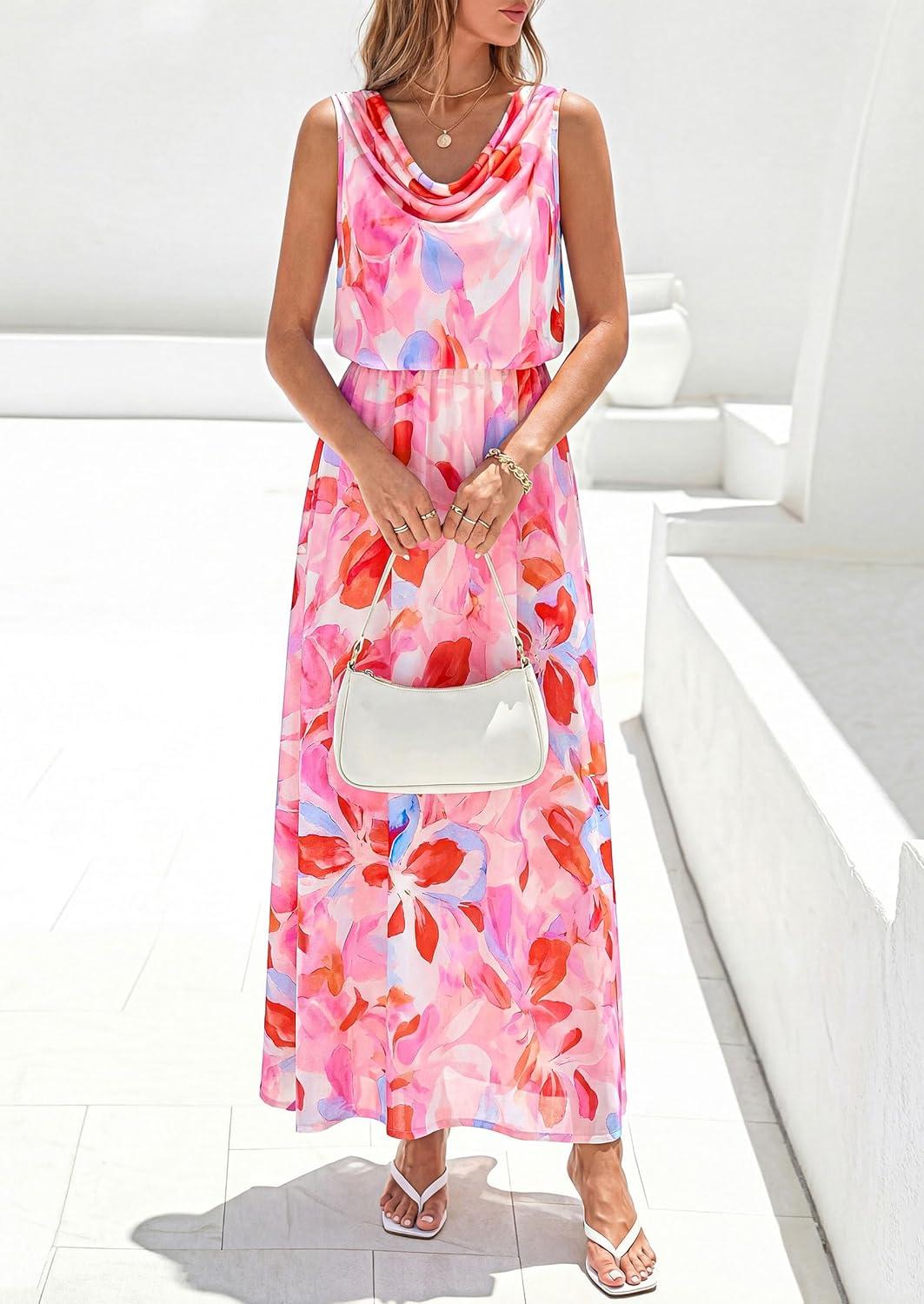 imagePRETTYGARDEN Womens Summer Floral Maxi Dresses 2026 Spring Sleeveless Cowl Neck Flowy Beach Vacation Wedding Guest Long DressPink Floral
