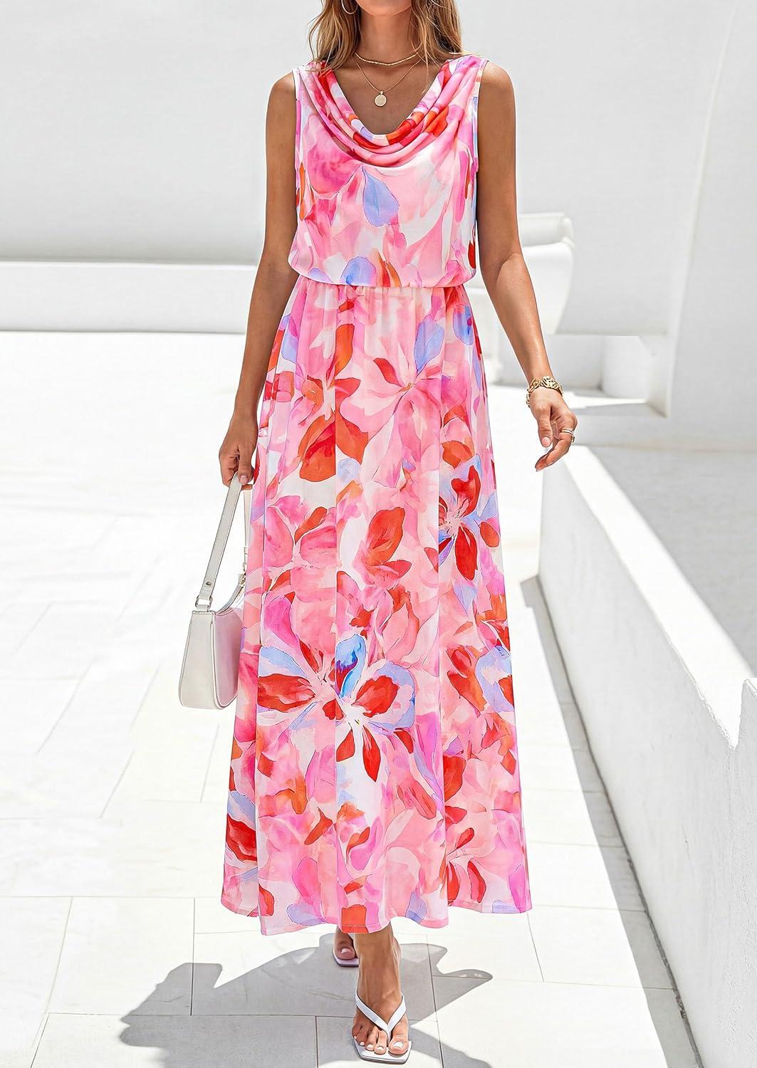 imagePRETTYGARDEN Womens Summer Floral Maxi Dresses 2026 Spring Sleeveless Cowl Neck Flowy Beach Vacation Wedding Guest Long DressPink Floral