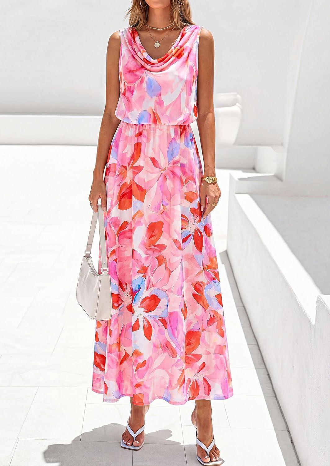 imagePRETTYGARDEN Womens Summer Floral Maxi Dresses 2026 Spring Sleeveless Cowl Neck Flowy Beach Vacation Wedding Guest Long DressPink Floral