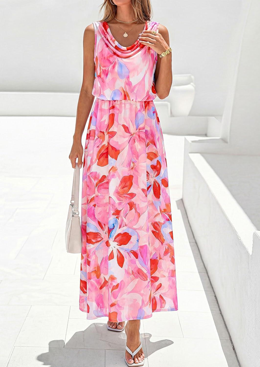 imagePRETTYGARDEN Womens Summer Floral Maxi Dresses 2026 Spring Sleeveless Cowl Neck Flowy Beach Vacation Wedding Guest Long DressPink Floral