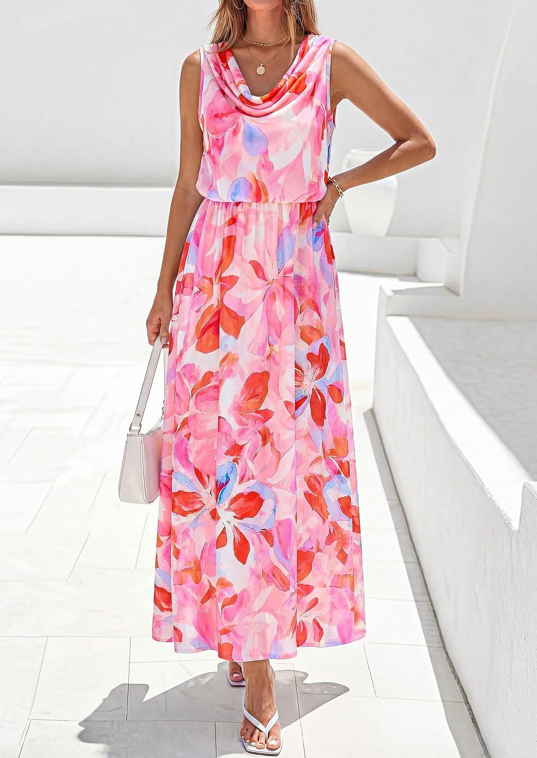 imagePRETTYGARDEN Womens Summer Floral Maxi Dresses 2026 Spring Sleeveless Cowl Neck Flowy Beach Vacation Wedding Guest Long DressPink Floral