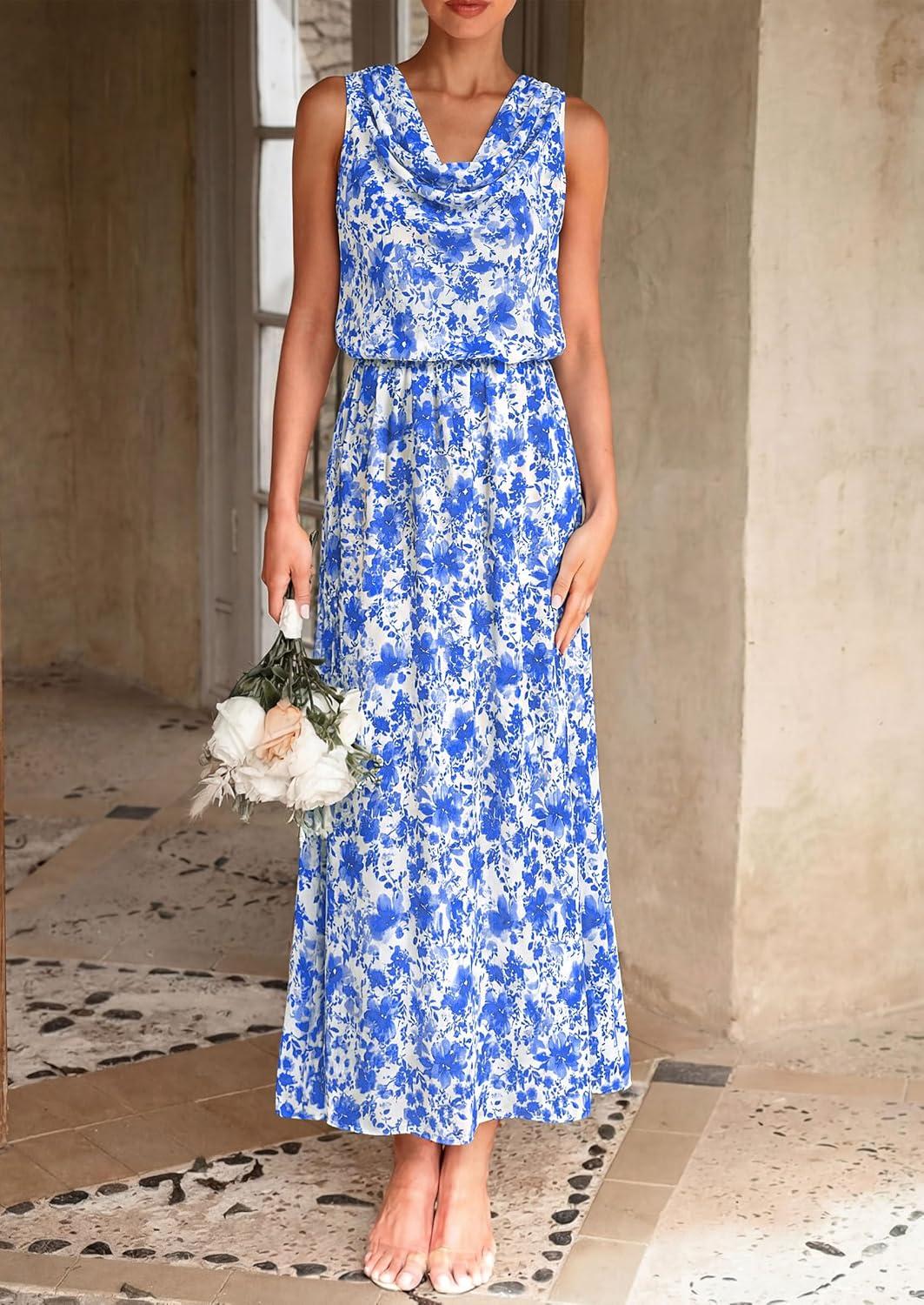 imagePRETTYGARDEN Womens Summer Floral Maxi Dresses 2026 Spring Sleeveless Cowl Neck Flowy Beach Vacation Wedding Guest Long DressWhite Blue Flower
