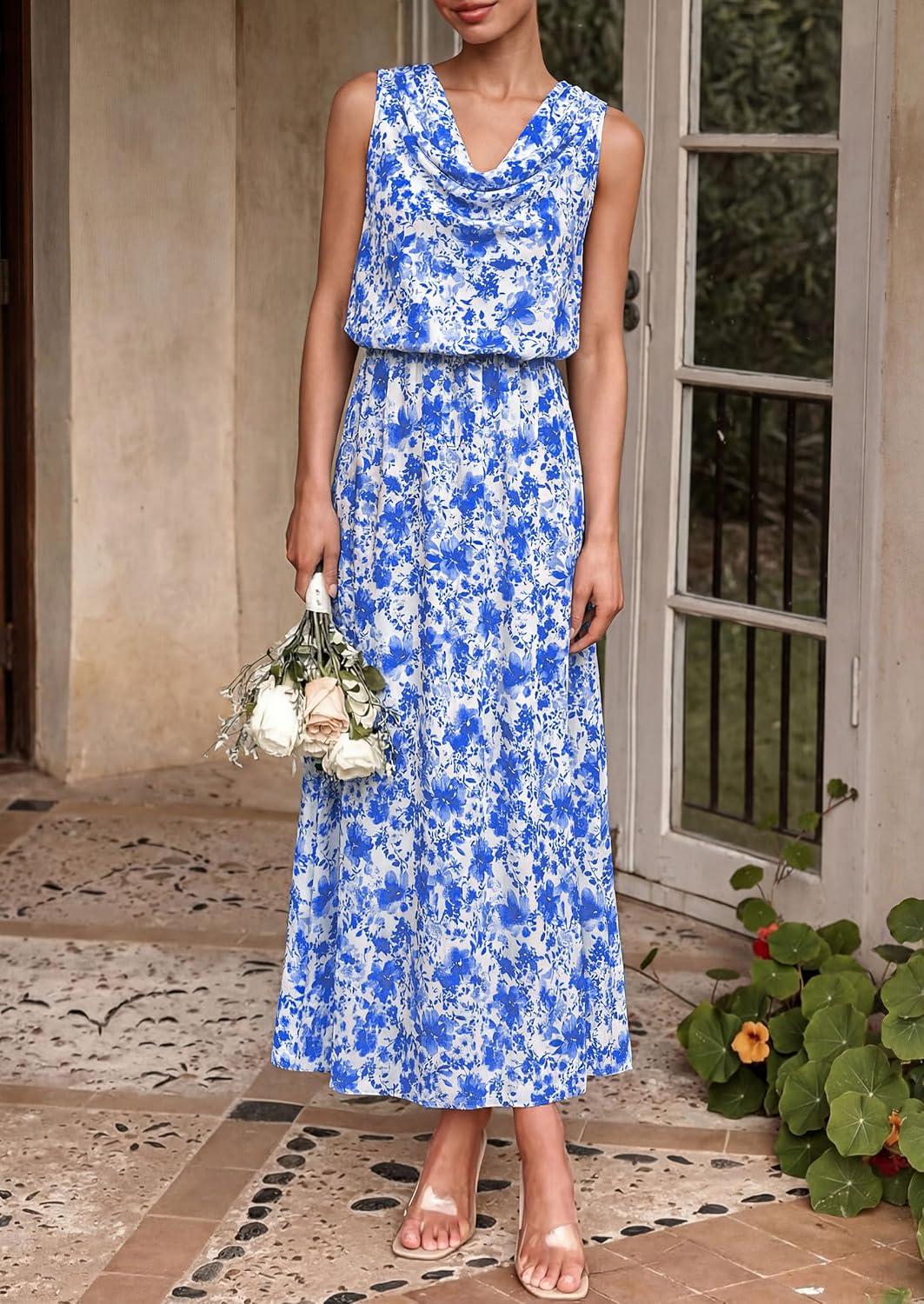 imagePRETTYGARDEN Womens Summer Floral Maxi Dresses 2026 Spring Sleeveless Cowl Neck Flowy Beach Vacation Wedding Guest Long DressWhite Blue Flower