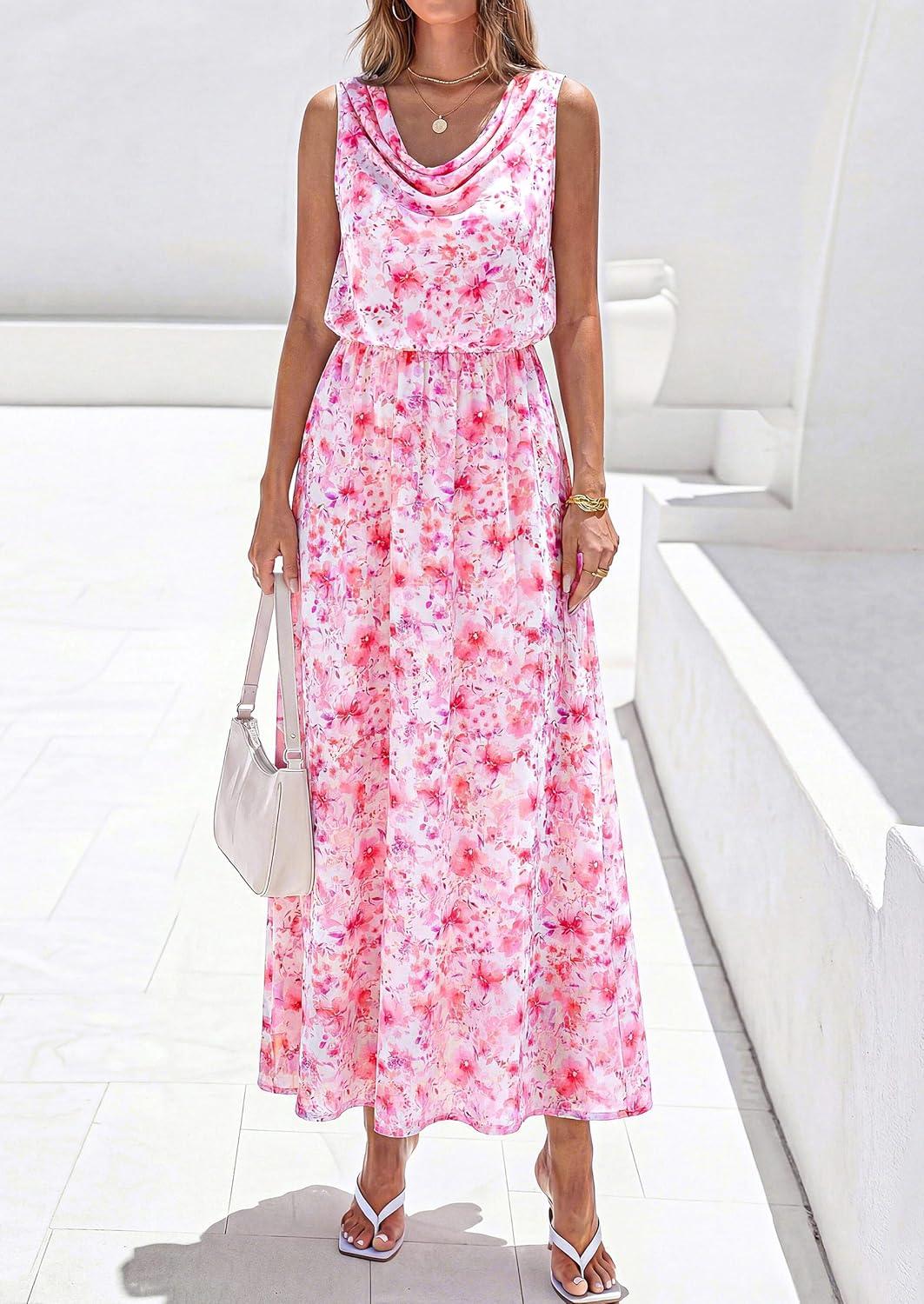 imagePRETTYGARDEN Womens Summer Floral Maxi Dresses 2026 Spring Sleeveless Cowl Neck Flowy Beach Vacation Wedding Guest Long DressWhite Pink Flower