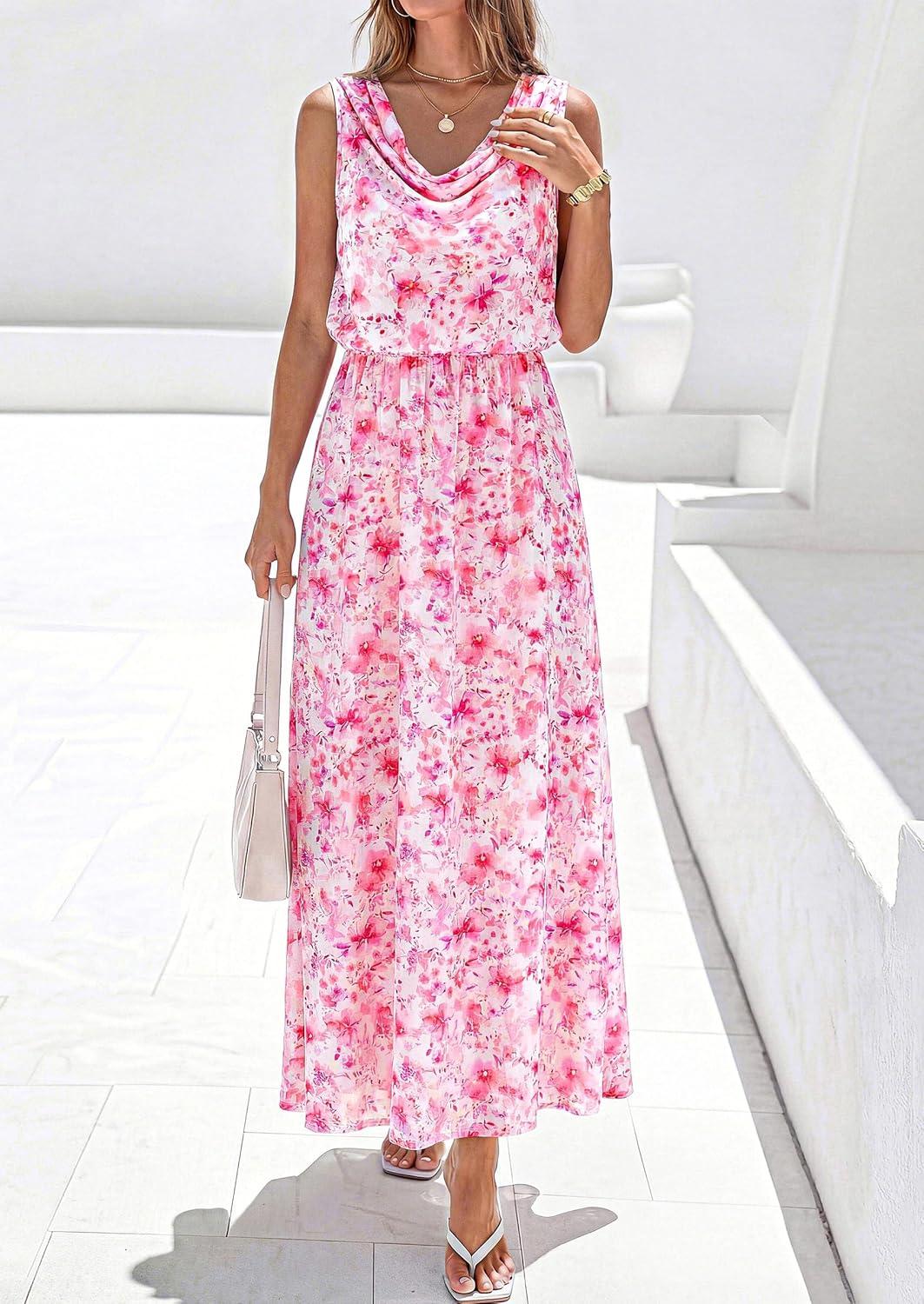 imagePRETTYGARDEN Womens Summer Floral Maxi Dresses 2026 Spring Sleeveless Cowl Neck Flowy Beach Vacation Wedding Guest Long DressWhite Pink Flower