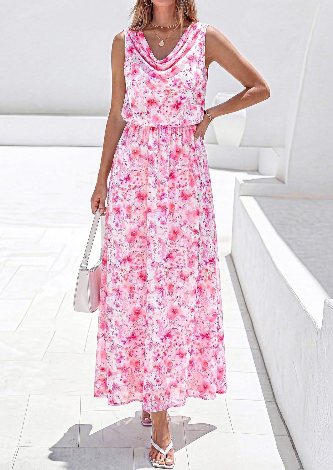 imagePRETTYGARDEN Womens Summer Floral Maxi Dresses 2026 Spring Sleeveless Cowl Neck Flowy Beach Vacation Wedding Guest Long DressWhite Pink Flower