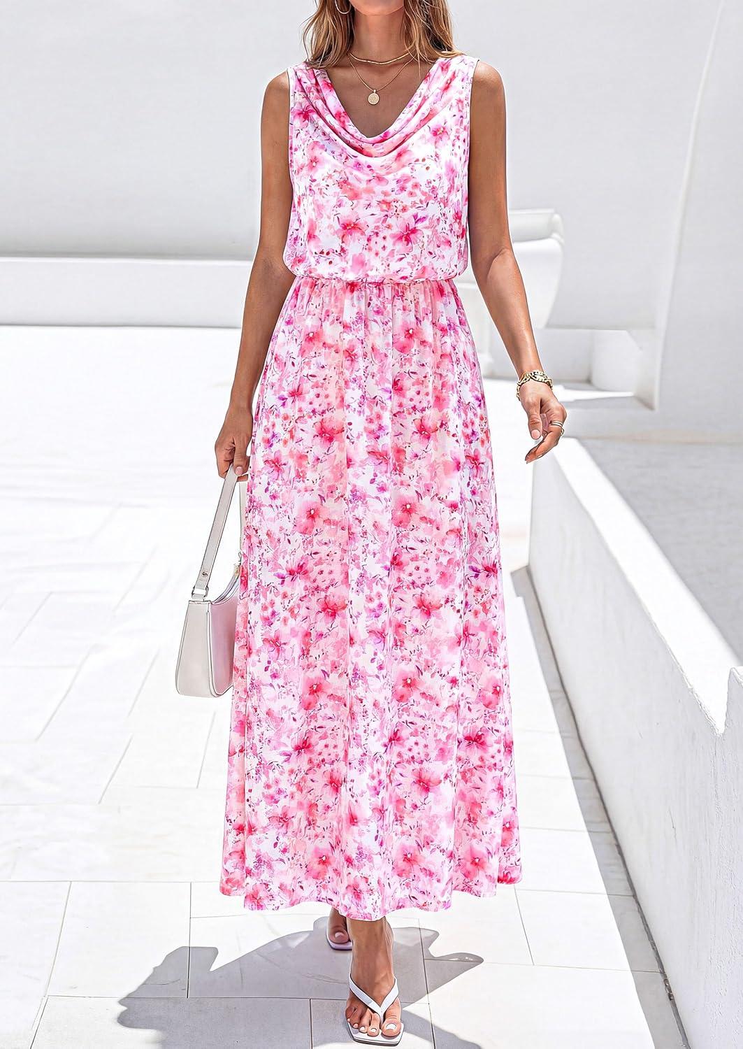 imagePRETTYGARDEN Womens Summer Floral Maxi Dresses 2026 Spring Sleeveless Cowl Neck Flowy Beach Vacation Wedding Guest Long DressWhite Pink Flower
