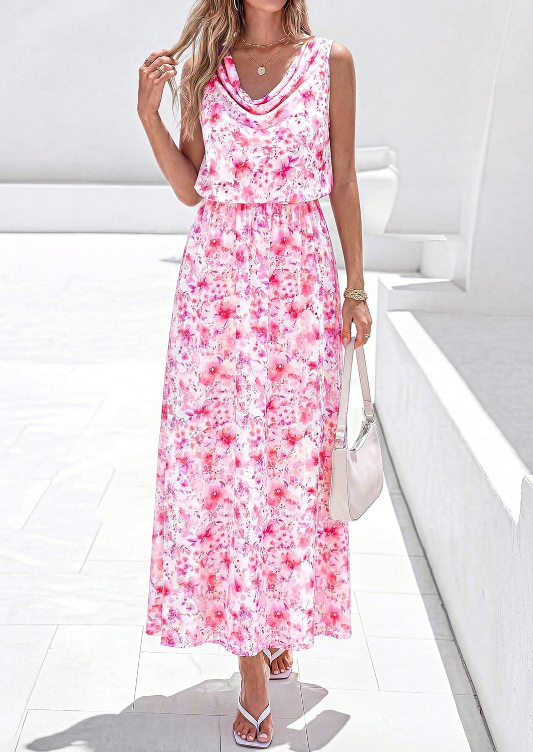 imagePRETTYGARDEN Womens Summer Floral Maxi Dresses 2026 Spring Sleeveless Cowl Neck Flowy Beach Vacation Wedding Guest Long DressWhite Pink Flower
