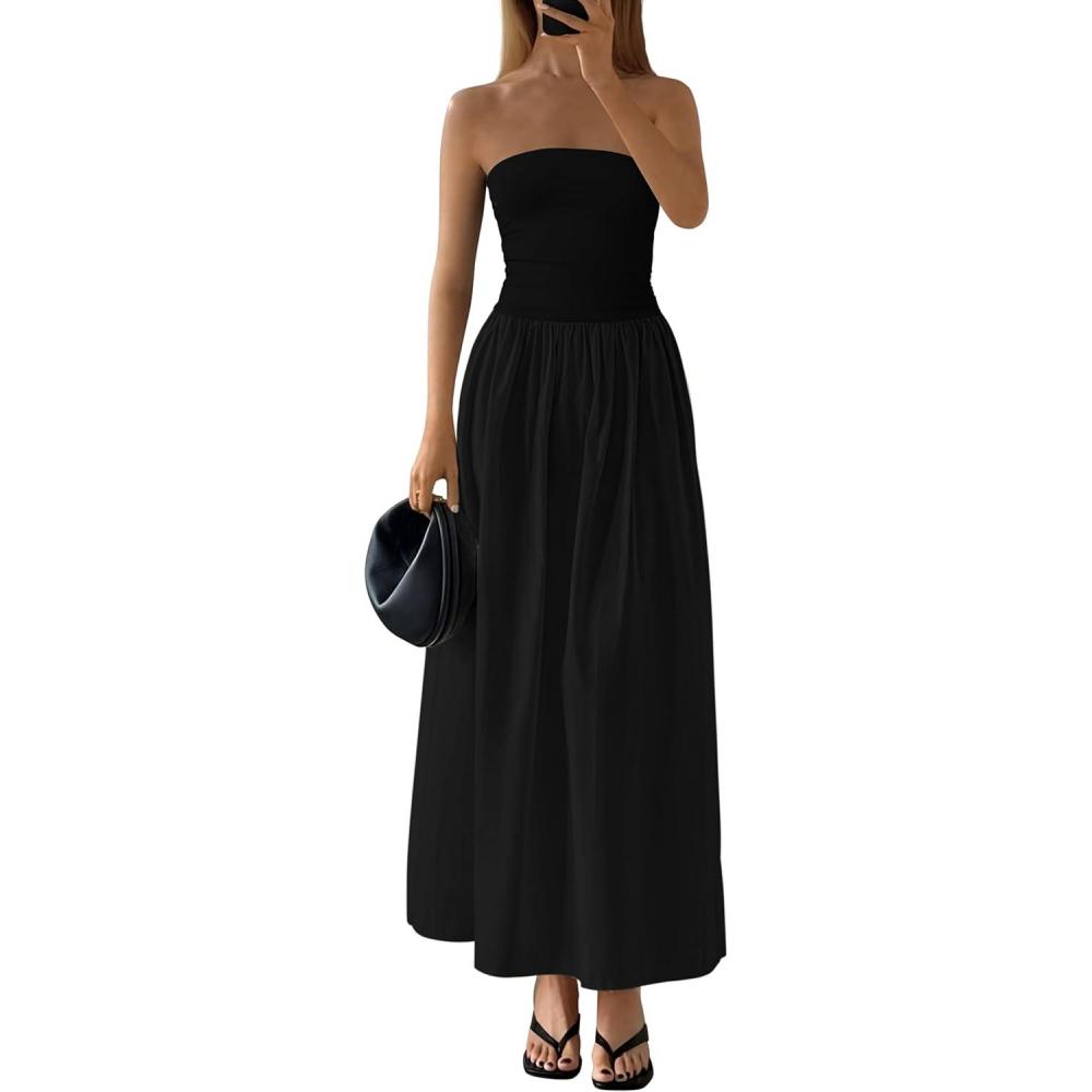 imagePRETTYGARDEN Women 2026 Summer Elegant Strapless Maxi Dress Tube Top Dress A Line Flowy Long Wedding Party Cocktail DressesBlack