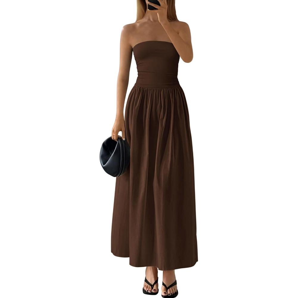 imagePRETTYGARDEN Women 2026 Summer Elegant Strapless Maxi Dress Tube Top Dress A Line Flowy Long Wedding Party Cocktail DressesCoffee