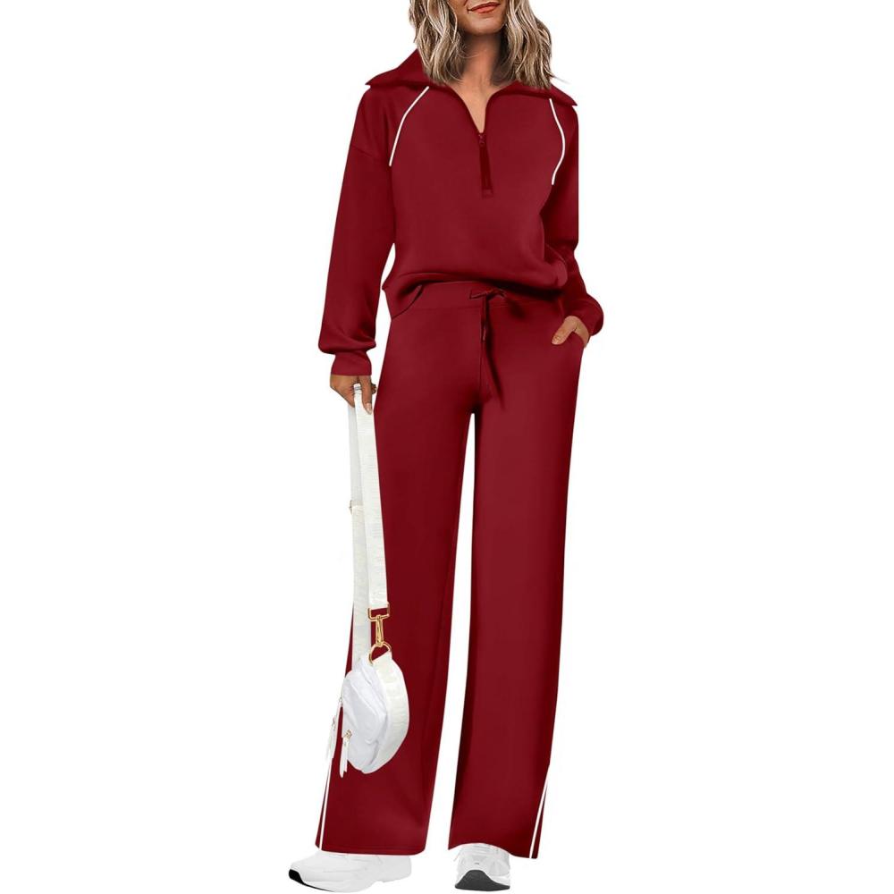 imagePRETTYGARDEN Womens 2 Piece Outfits Casual Lapel Half Zip Sweatshirts and Wide Leg Pants Tracksuit SetsStyle2burgundy