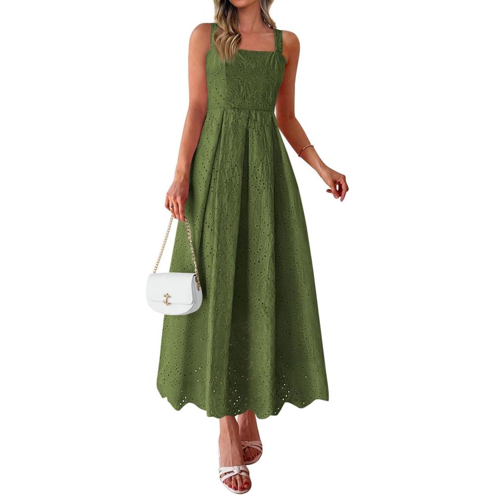 imagePRETTYGARDEN Womens Sleeveless Maxi Summer Dresses 2026 Hollow Out Eyelet Square Neck Ruffle Flowy Beach Vacation SundressArmy Green