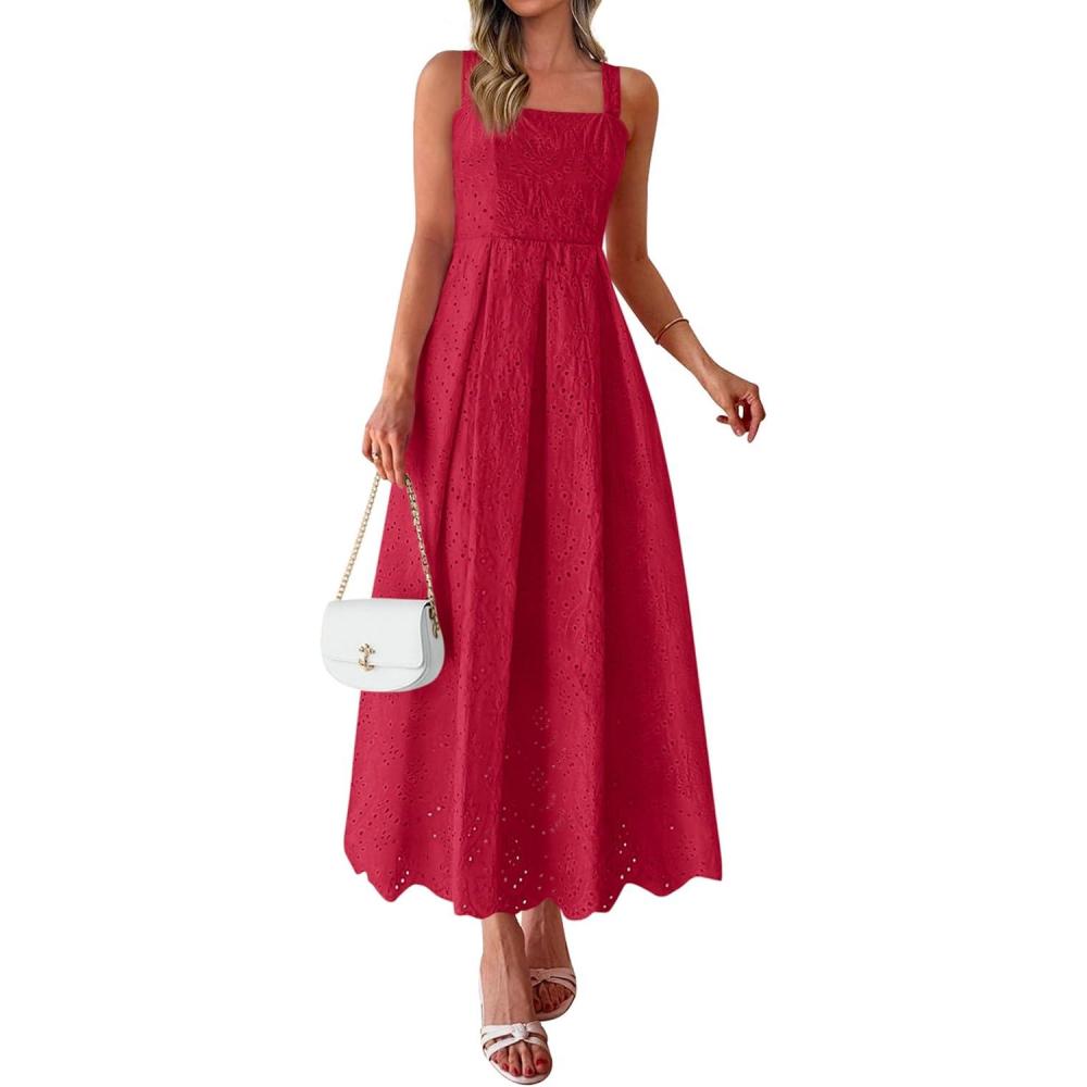 imagePRETTYGARDEN Womens Sleeveless Maxi Summer Dresses 2026 Hollow Out Eyelet Square Neck Ruffle Flowy Beach Vacation SundressRed