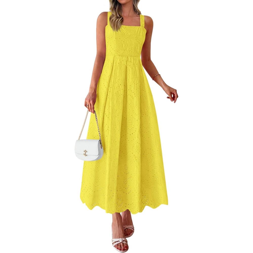 imagePRETTYGARDEN Womens Sleeveless Maxi Summer Dresses 2026 Hollow Out Eyelet Square Neck Ruffle Flowy Beach Vacation SundressYellow