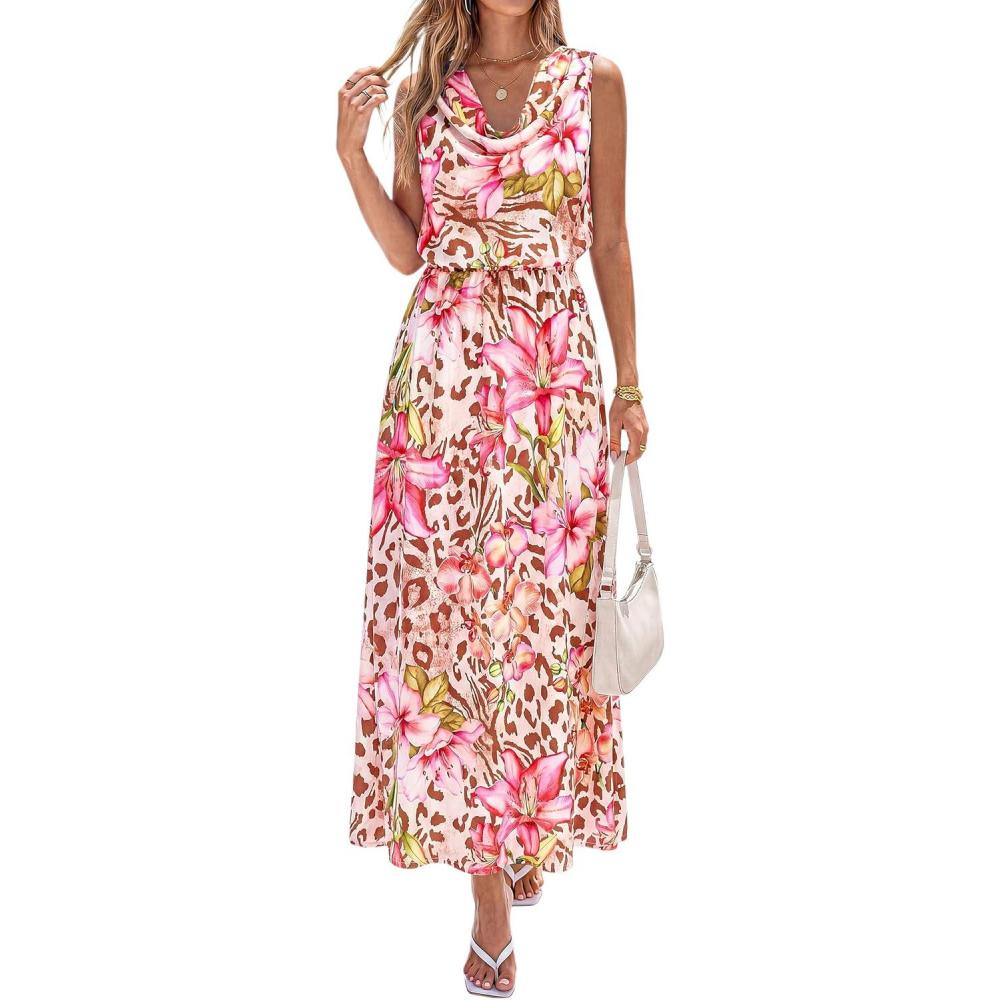 imagePRETTYGARDEN Womens Summer Floral Maxi Dresses 2026 Spring Sleeveless Cowl Neck Flowy Beach Vacation Wedding Guest Long DressFloral Apricot Pink