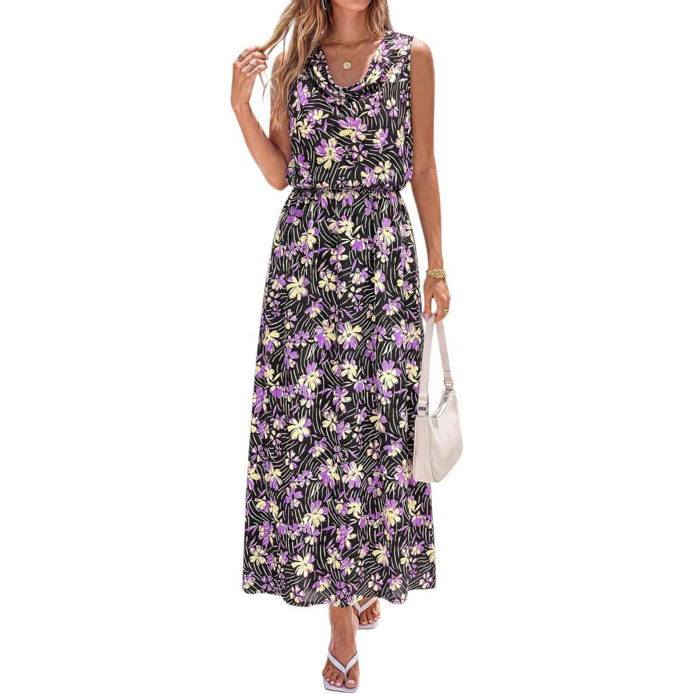 imagePRETTYGARDEN Womens Summer Floral Maxi Dresses 2026 Spring Sleeveless Cowl Neck Flowy Beach Vacation Wedding Guest Long DressFlower Black Purple