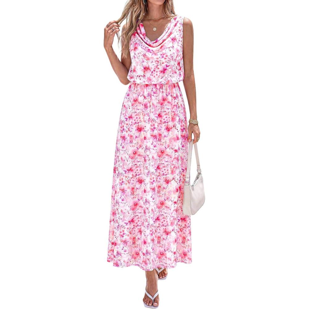 imagePRETTYGARDEN Womens Summer Floral Maxi Dresses 2026 Spring Sleeveless Cowl Neck Flowy Beach Vacation Wedding Guest Long DressWhite Pink Flower