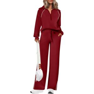 PRETTYGARDEN Women’s 2 Piece Outfits Casual Lapel Half Zip Sweatshirts and Wide Leg Pants Tracksuit Sets(Style2-burgundy)