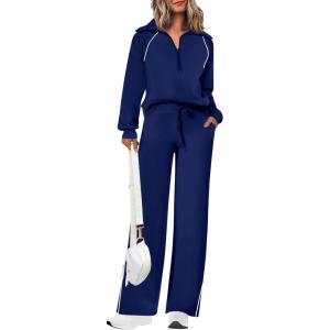 PRETTYGARDEN Women’s 2 Piece Outfits Casual Lapel Half Zip Sweatshirts and Wide Leg Pants Tracksuit Sets(Style2-navy Blue)