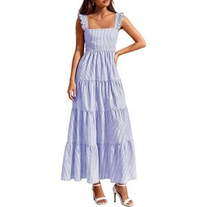 PRETTYGARDEN Womens 2026 Summer Casual Maxi Dresses Striped Square Neck Sleeveless Boho Flowy Sundress Beach Vacation Clothes(Blue)