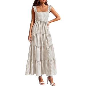 PRETTYGARDEN Womens 2026 Summer Casual Maxi Dresses Striped Square Neck Sleeveless Boho Flowy Sundress Beach Vacation Clothes(Brown)