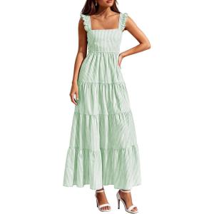 PRETTYGARDEN Womens 2026 Summer Casual Maxi Dresses Striped Square Neck Sleeveless Boho Flowy Sundress Beach Vacation Clothes(Green)