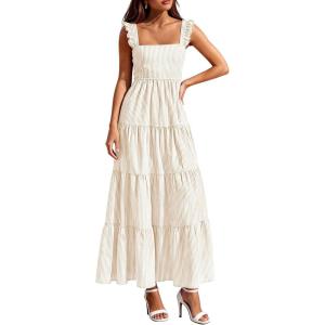 PRETTYGARDEN Womens 2026 Summer Casual Maxi Dresses Striped Square Neck Sleeveless Boho Flowy Sundress Beach Vacation Clothes(Khaki)