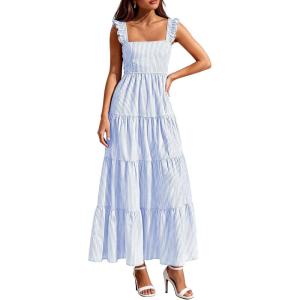 PRETTYGARDEN Womens 2026 Summer Casual Maxi Dresses Striped Square Neck Sleeveless Boho Flowy Sundress Beach Vacation Clothes(Light Blue)