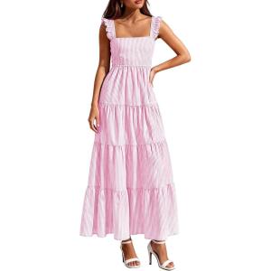 PRETTYGARDEN Womens 2026 Summer Casual Maxi Dresses Striped Square Neck Sleeveless Boho Flowy Sundress Beach Vacation Clothes(Pink)