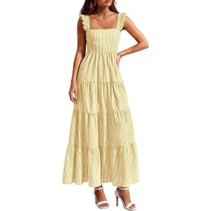 PRETTYGARDEN Womens 2026 Summer Casual Maxi Dresses Striped Square Neck Sleeveless Boho Flowy Sundress Beach Vacation Clothes(Yellow)