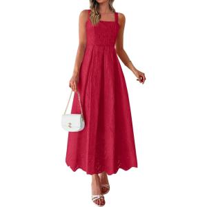 PRETTYGARDEN Womens Sleeveless Maxi Summer Dresses 2026 Hollow Out Eyelet Square Neck Ruffle Flowy Beach Vacation Sundress(Red)