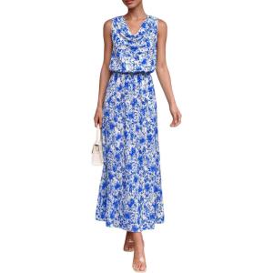 PRETTYGARDEN Womens Summer Floral Maxi Dresses 2026 Spring Sleeveless Cowl Neck Flowy Beach Vacation Wedding Guest Long Dress(White Blue Flower)