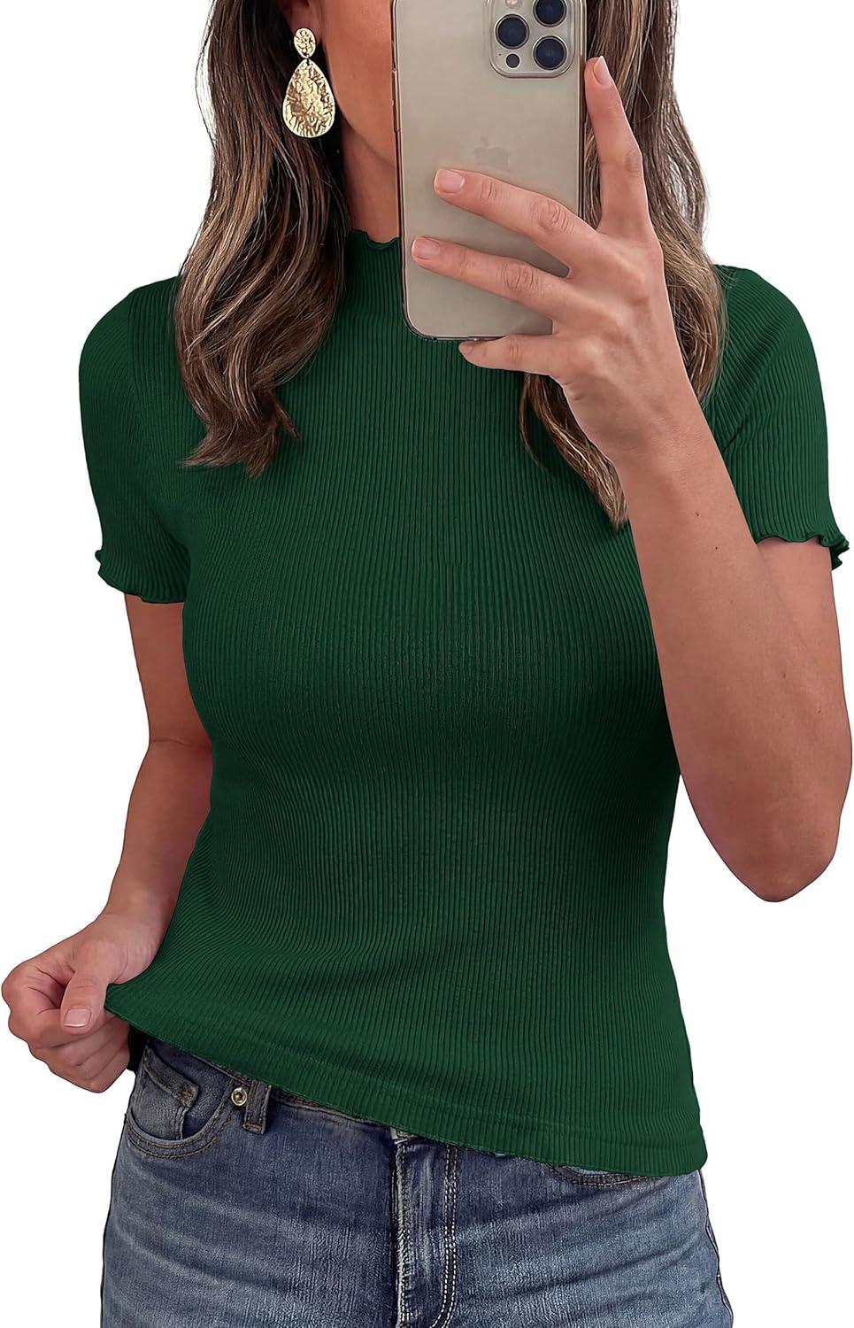 imagePRETTYGARDEN Short Sleeve T Shirts for Women Summer Clothes 2026 Casual Spring Tops Ruffle Mock Neck Ribbed Fitted Basic TeesDark Green