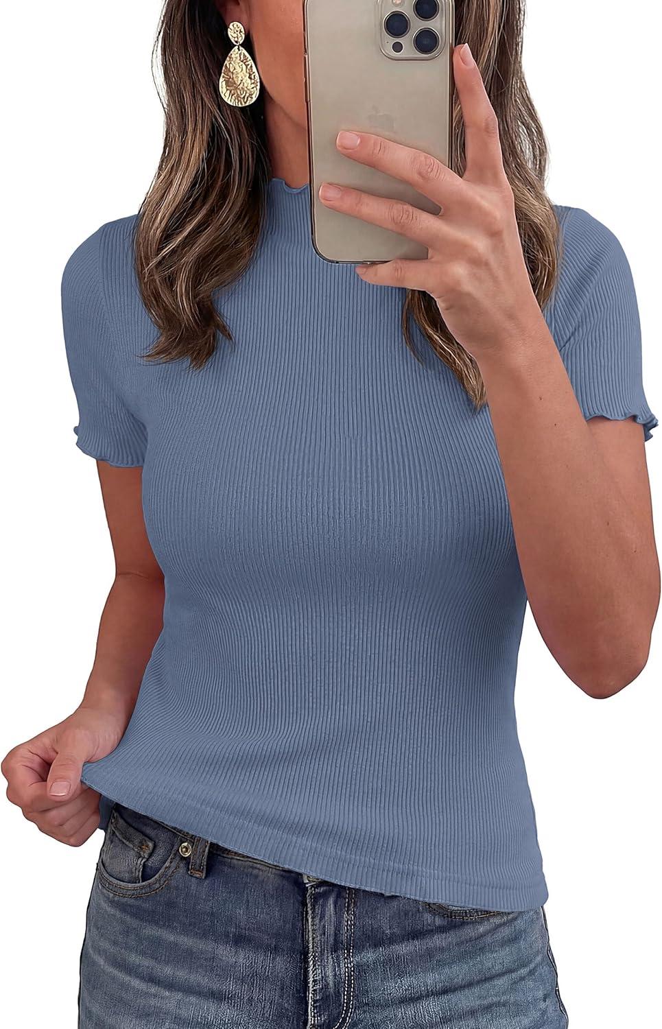 imagePRETTYGARDEN Short Sleeve T Shirts for Women Summer Clothes 2026 Casual Spring Tops Ruffle Mock Neck Ribbed Fitted Basic TeesDusty Blue
