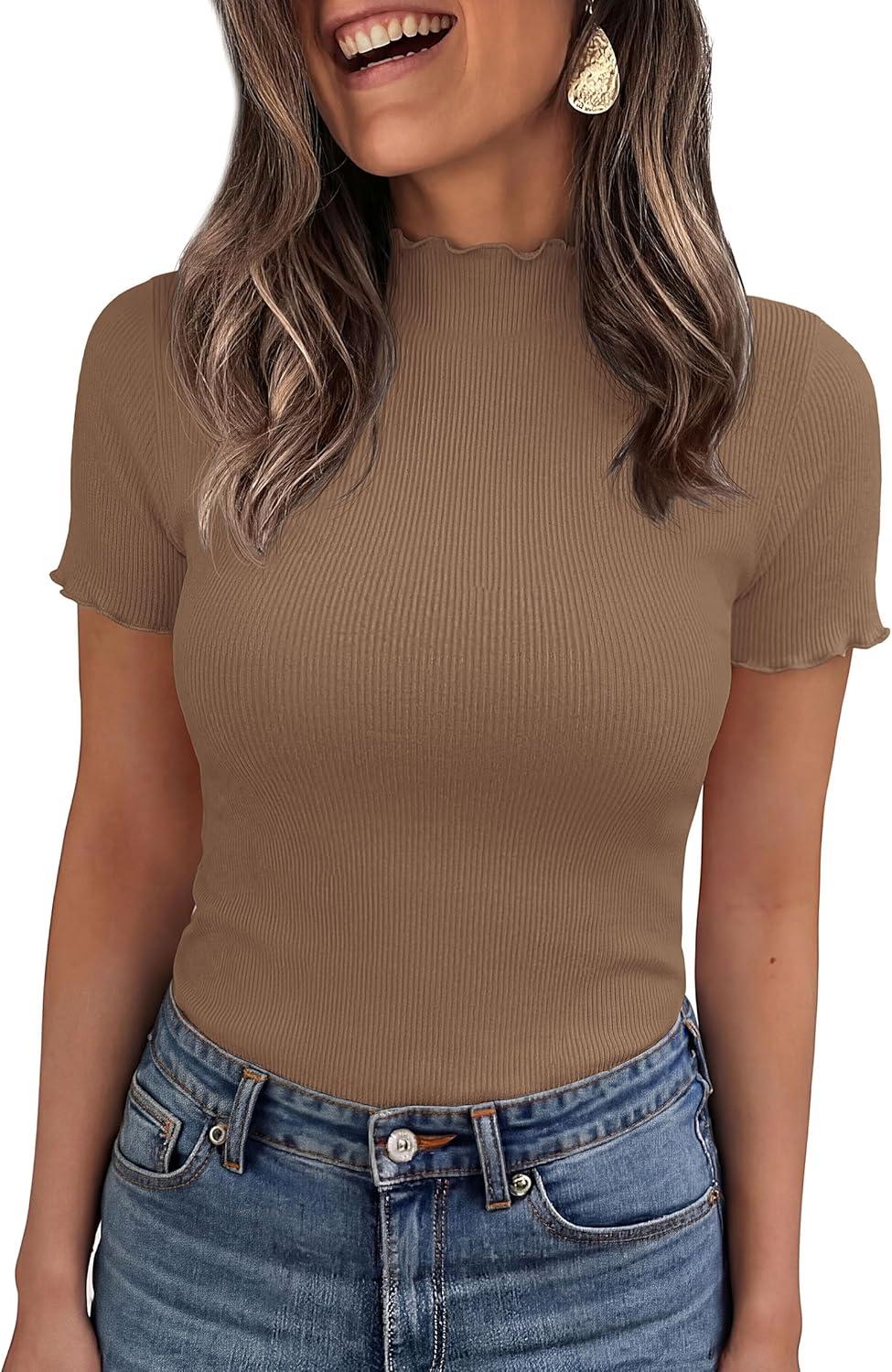 imagePRETTYGARDEN Short Sleeve T Shirts for Women Summer Clothes 2026 Casual Spring Tops Ruffle Mock Neck Ribbed Fitted Basic TeesLight Brown