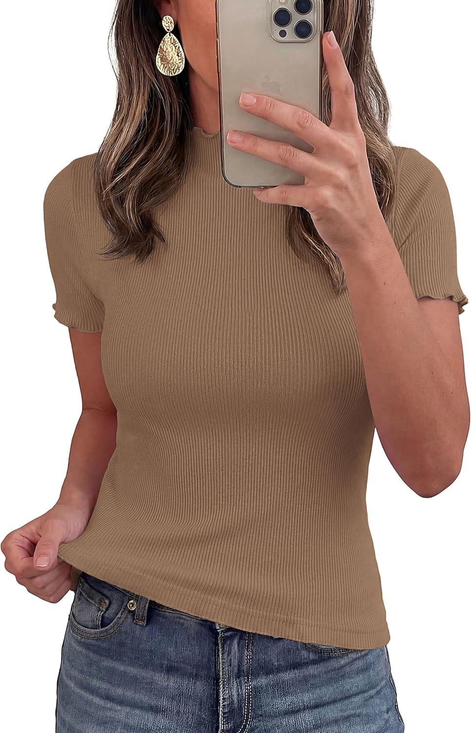 imagePRETTYGARDEN Short Sleeve T Shirts for Women Summer Clothes 2026 Casual Spring Tops Ruffle Mock Neck Ribbed Fitted Basic TeesLight Brown