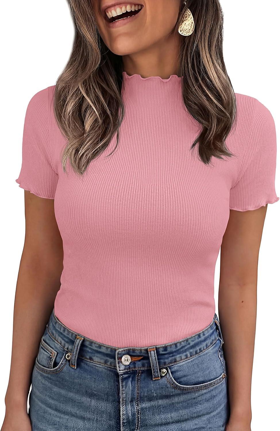 imagePRETTYGARDEN Short Sleeve T Shirts for Women Summer Clothes 2026 Casual Spring Tops Ruffle Mock Neck Ribbed Fitted Basic TeesPink