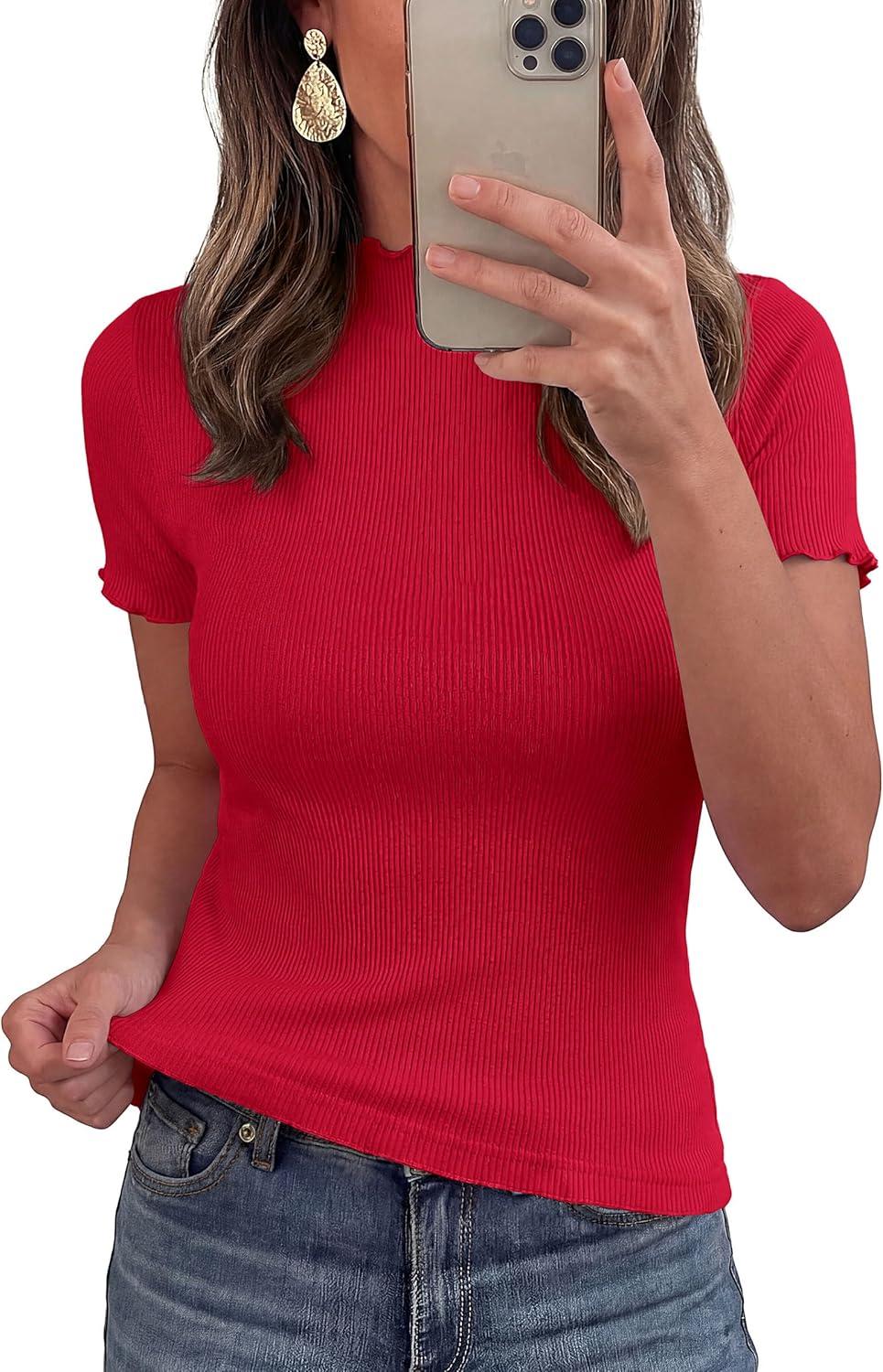 imagePRETTYGARDEN Short Sleeve T Shirts for Women Summer Clothes 2026 Casual Spring Tops Ruffle Mock Neck Ribbed Fitted Basic TeesRed