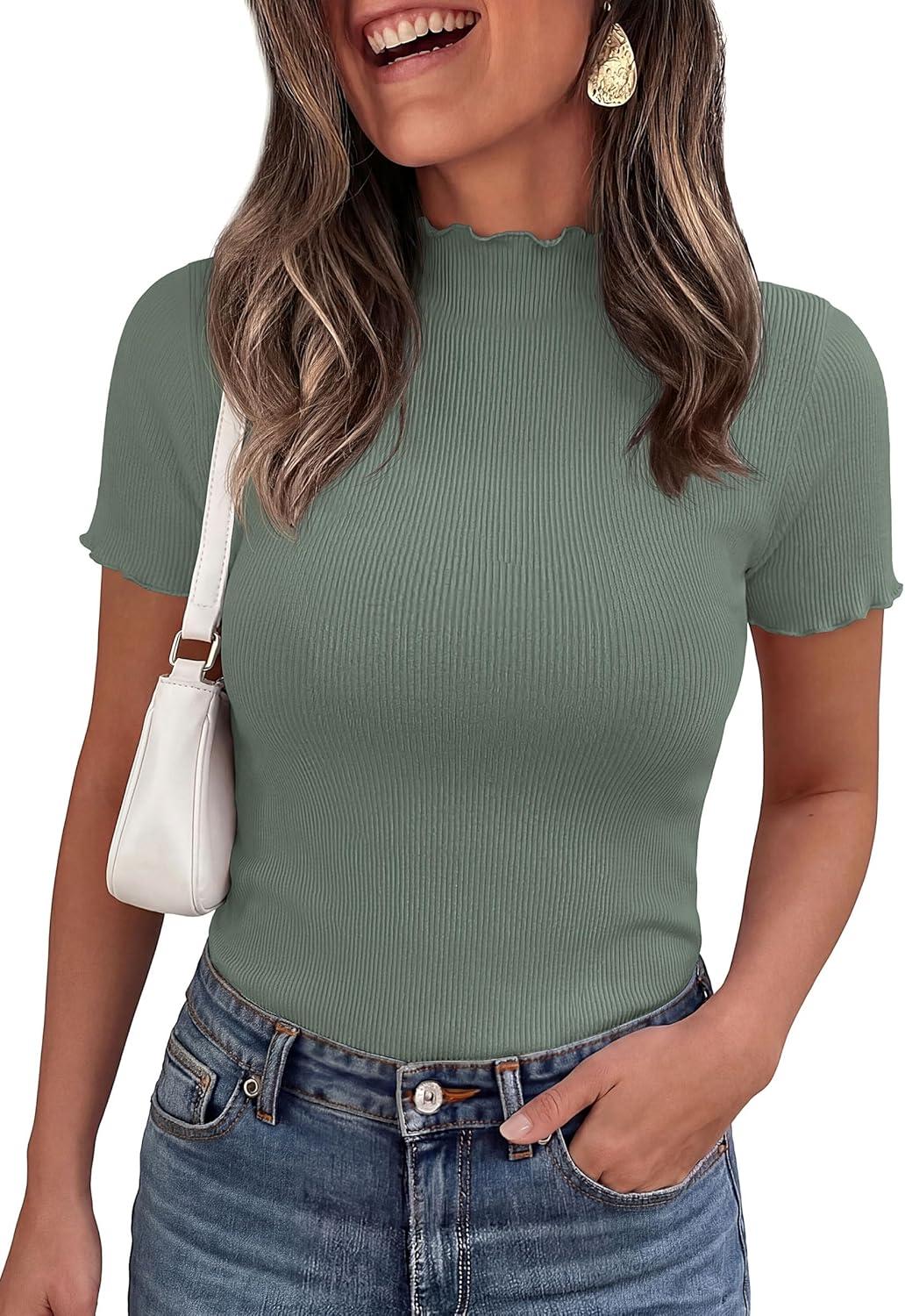 imagePRETTYGARDEN Short Sleeve T Shirts for Women Summer Clothes 2026 Casual Spring Tops Ruffle Mock Neck Ribbed Fitted Basic TeesSage Green
