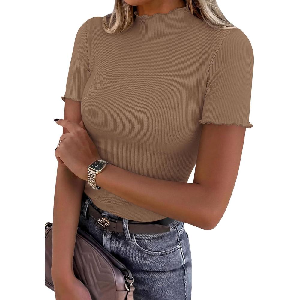 imagePRETTYGARDEN Short Sleeve T Shirts for Women Summer Clothes 2026 Casual Spring Tops Ruffle Mock Neck Ribbed Fitted Basic TeesLight Brown