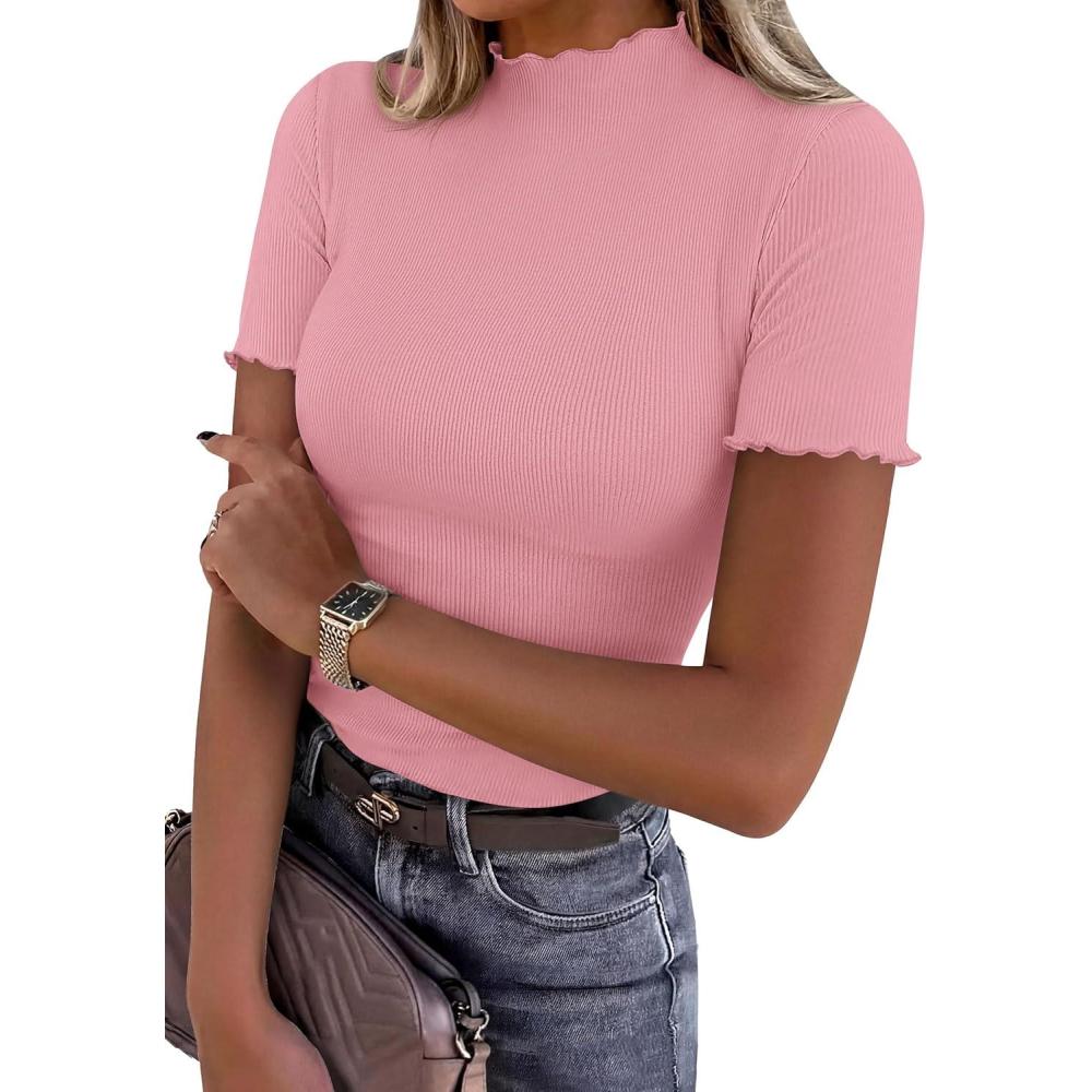 imagePRETTYGARDEN Short Sleeve T Shirts for Women Summer Clothes 2026 Casual Spring Tops Ruffle Mock Neck Ribbed Fitted Basic TeesPink