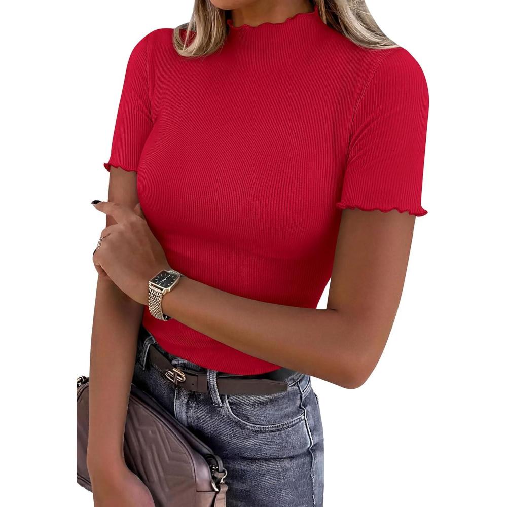 imagePRETTYGARDEN Short Sleeve T Shirts for Women Summer Clothes 2026 Casual Spring Tops Ruffle Mock Neck Ribbed Fitted Basic TeesRed
