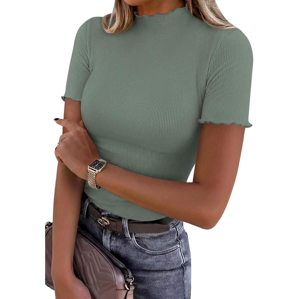 imagePRETTYGARDEN Short Sleeve T Shirts for Women Summer Clothes 2026 Casual Spring Tops Ruffle Mock Neck Ribbed Fitted Basic TeesSage Green